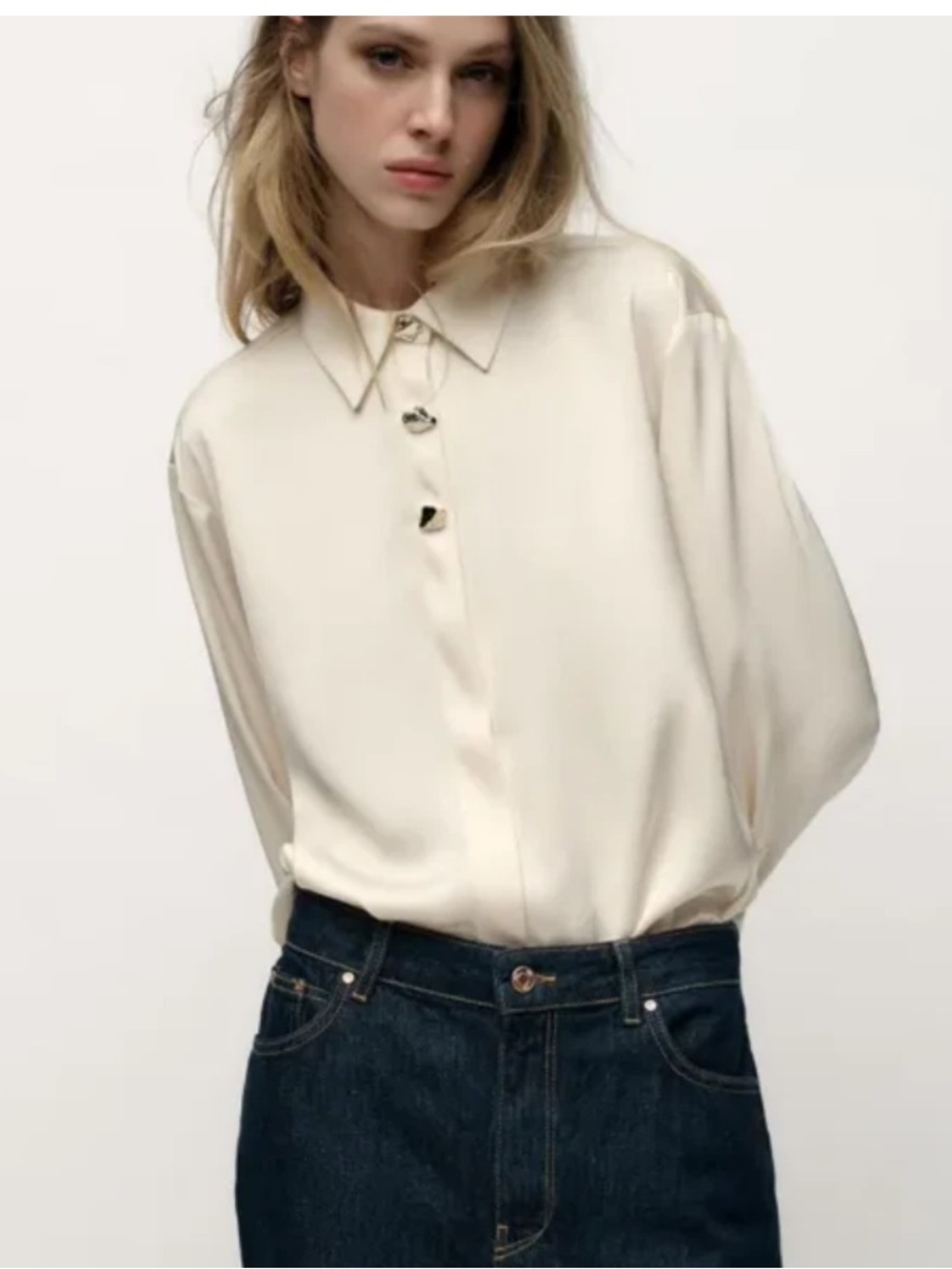 Zara Gold Button Satin Effect Button Down Shirt Blouse Ecru White XS NWT